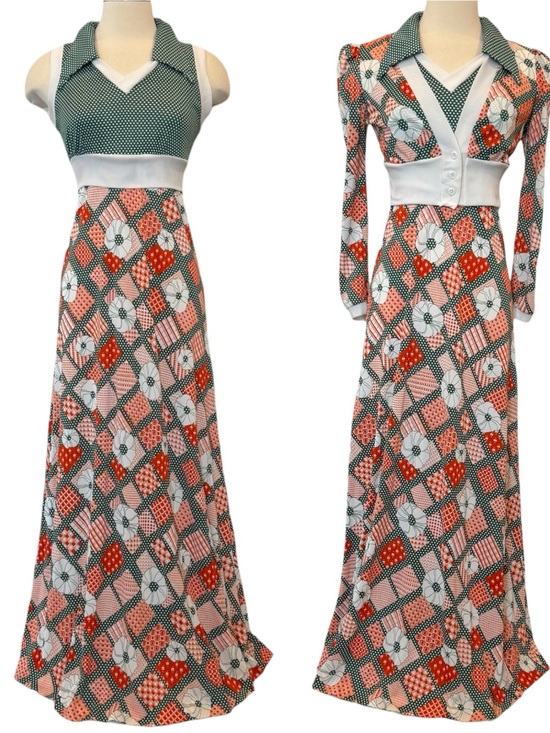 Vintage Dresses & Skirts - 70s Vintage Groovy Plaid Polka Dot Green Halter Dress Maxi Gown & Jacket Set